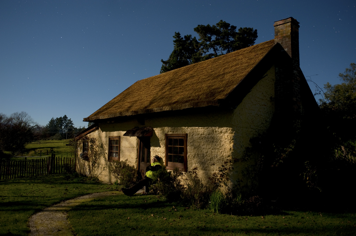 Cob cottage in the Moutere, by moonlight